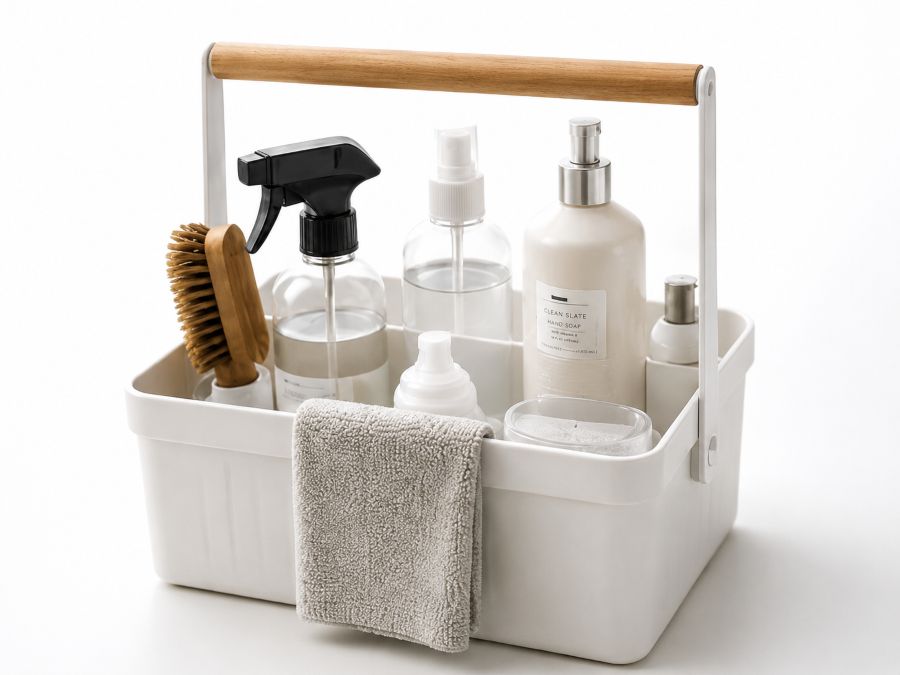 Organized cleaning supplies neatly arranged in a compact caddy for small apartment