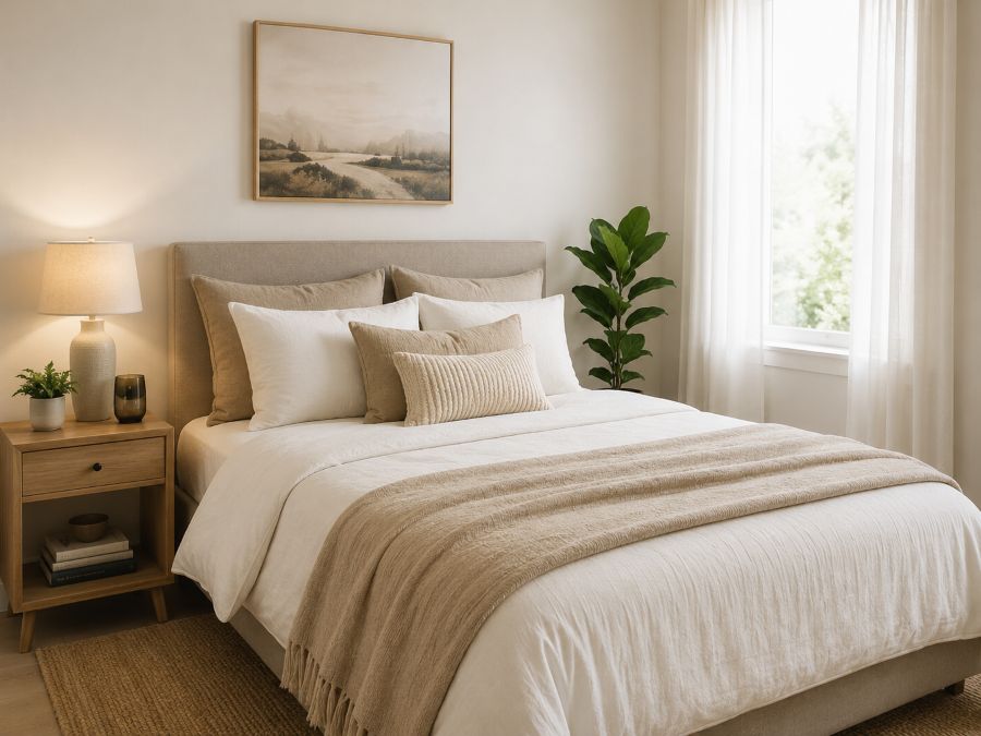 Small bedroom with perfectly made bed and organized nightstand ready for quick maintenance