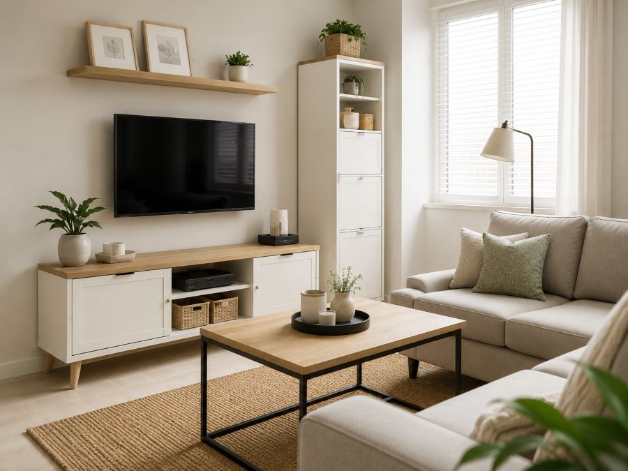 Modern compact living room with minimalist decor and efficient storage solutions