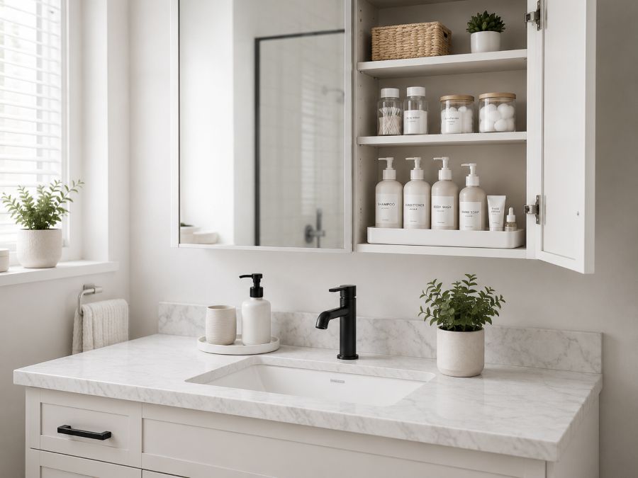 Organized bathroom storage with decluttered counter and efficient product arrangement