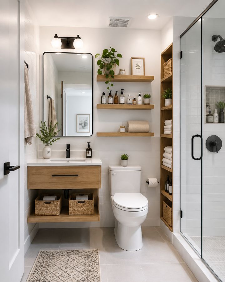 Organized small bathroom with multiple storage solutions