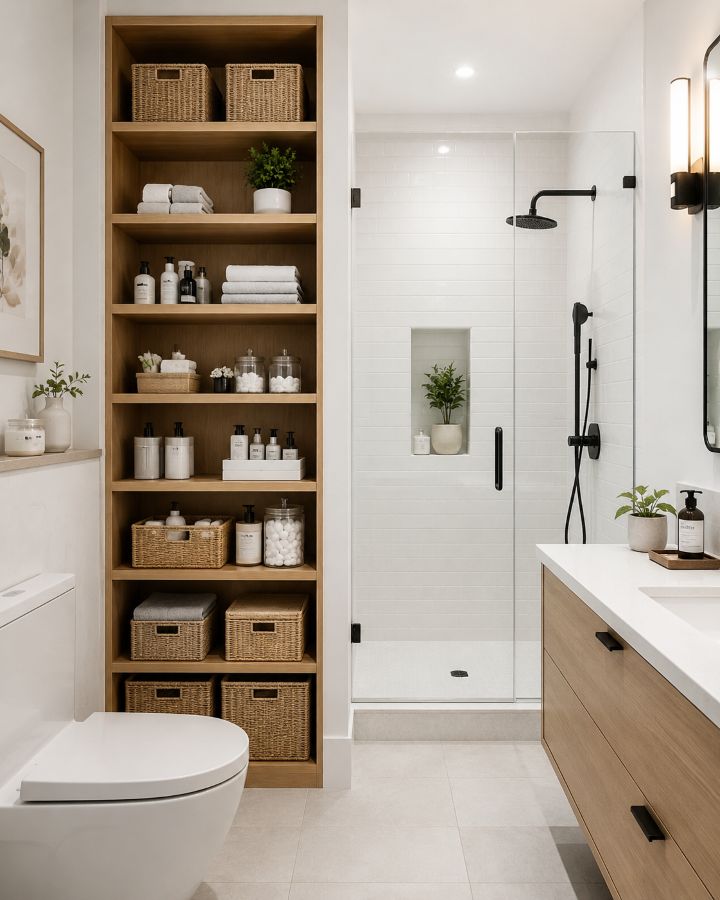 Floor-to-ceiling vertical shelving in small bathroom