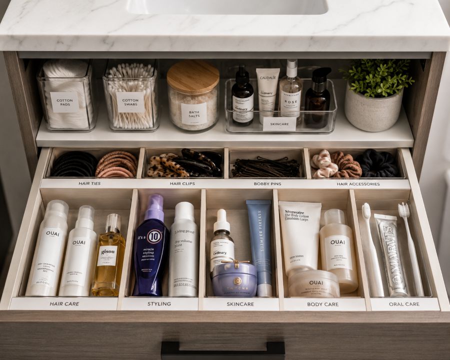 Organized bathroom cabinet with dividers and containers