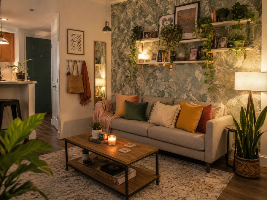 Renter-friendly decorated small apartment living room