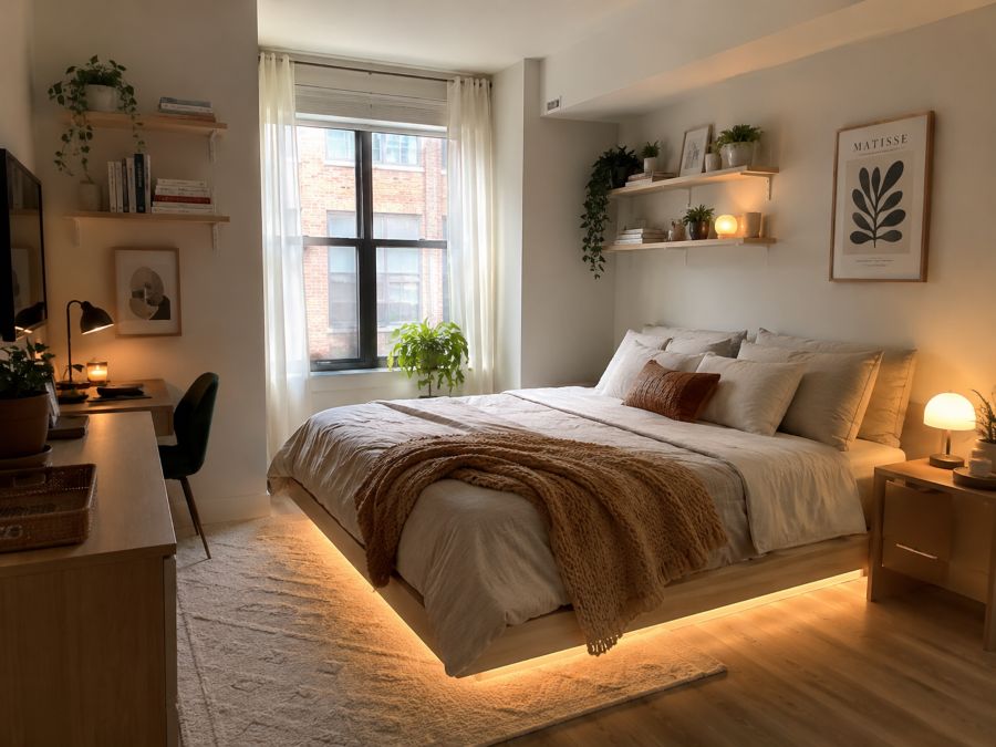 Smart furniture arrangement in small apartment bedroom