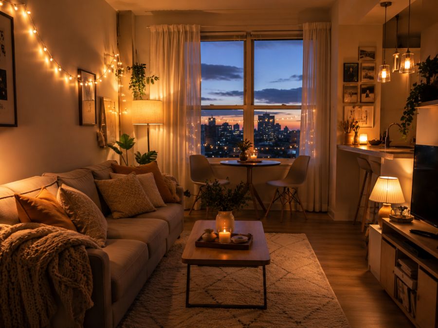 Layered lighting setup in small rental apartment