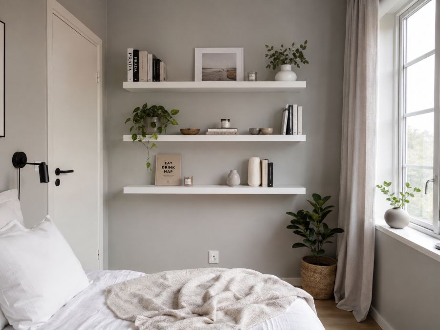 Vertical wall-mounted shelving system in small apartment