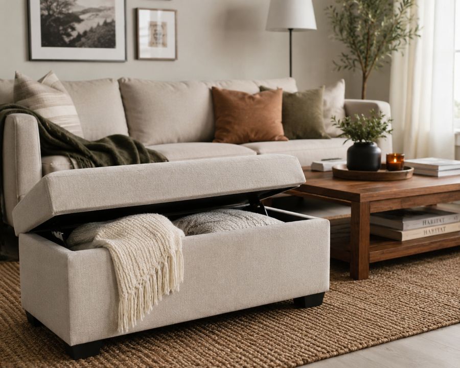 Ottoman with hidden storage space and comfortable seating