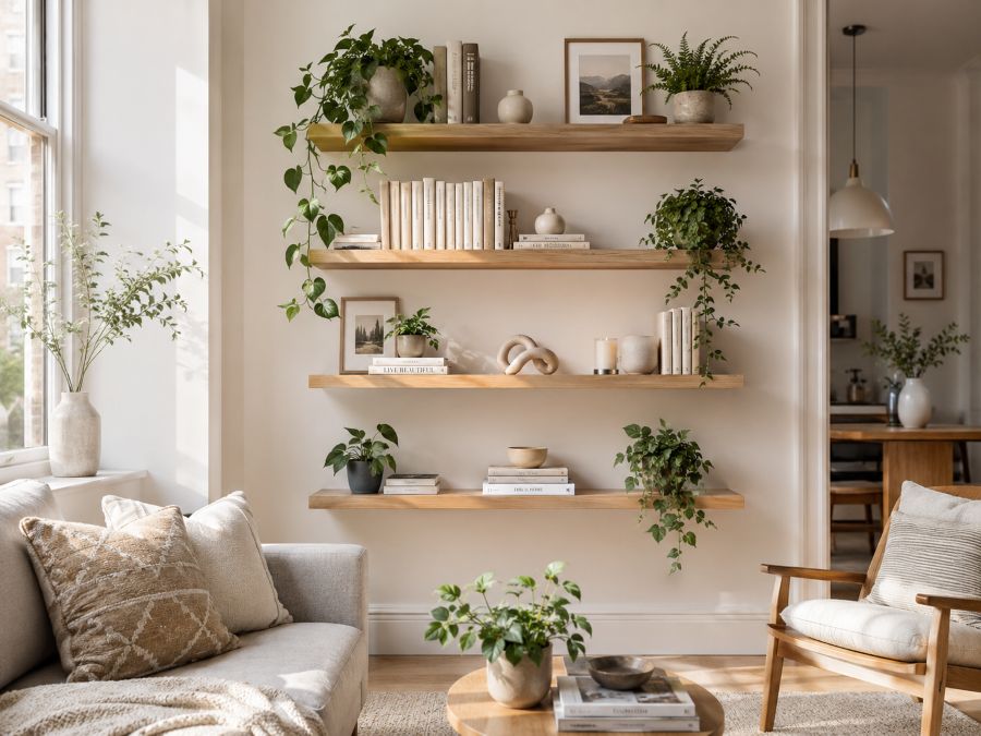 Wall-mounted shelving with decorative storage in living room