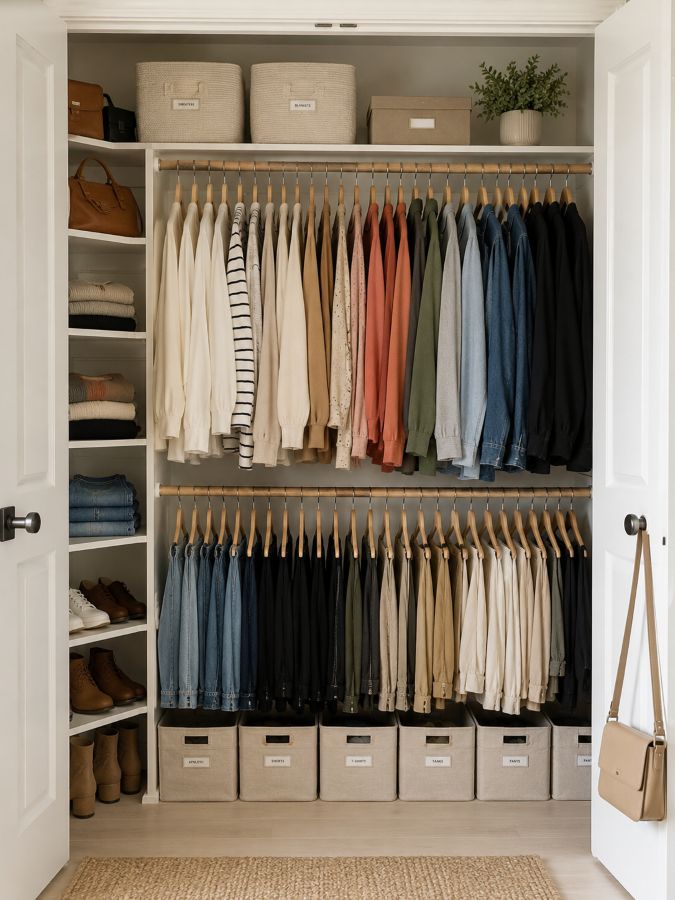 Organized closet with hanging organizers and shelving
