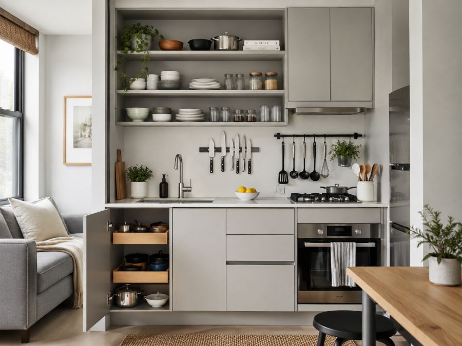 Modern small kitchen with organized storage solutions