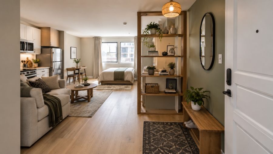 Entry zone defined by a runner rug, sage accent wall, and open shelving divider in a studio