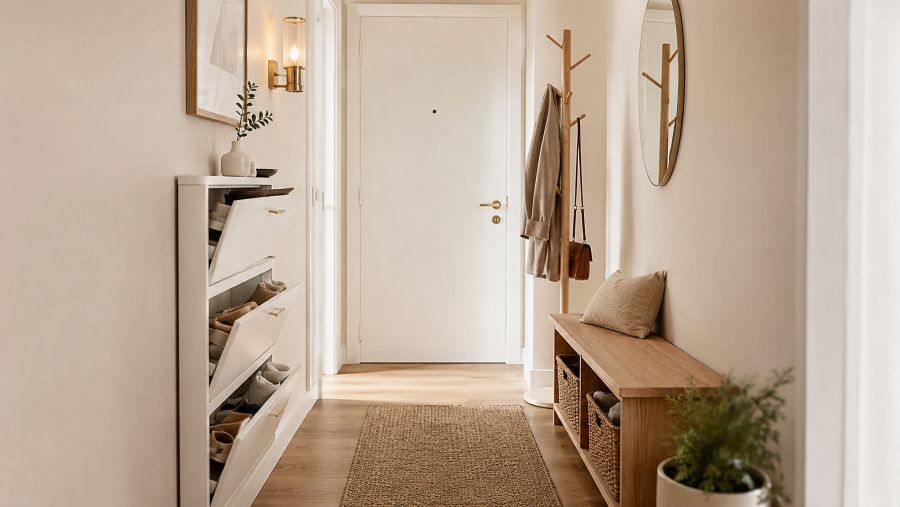 Slim tilting shoe cabinet, storage bench, and coat stand furnishing a narrow entry corridor