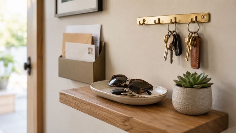 Drop zone with catch-all tray, key rack, and wall letter holder on a floating shelf