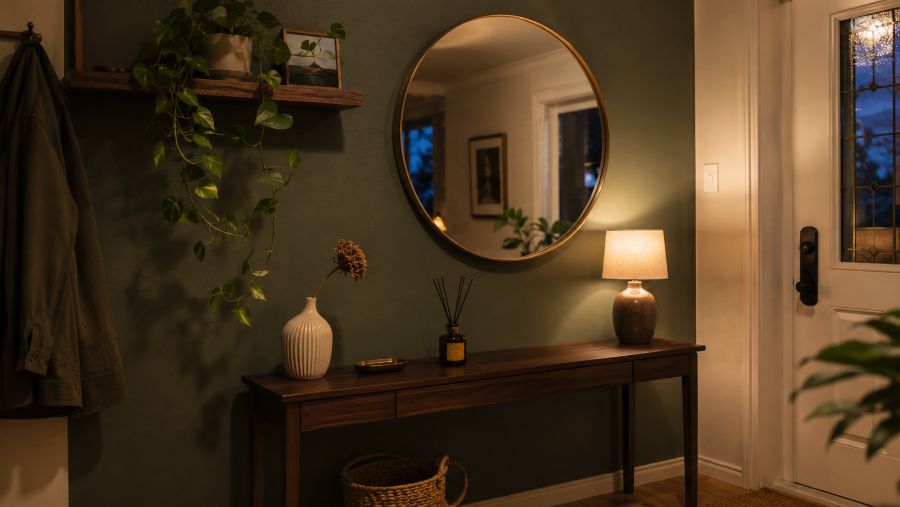 Round mirror, warm lamp, and sage accent wall styling a cozy compact entry corner at night