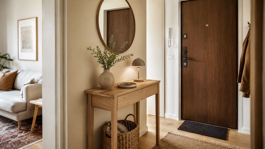 Slim console with mirror and basket creating an entry zone in a compact home without a foyer