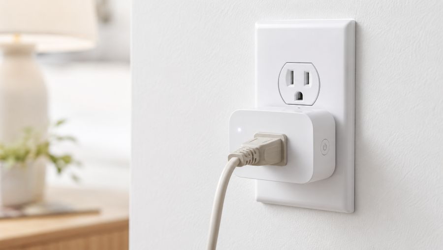 Smart plug installed in a standard apartment wall outlet powering a lamp