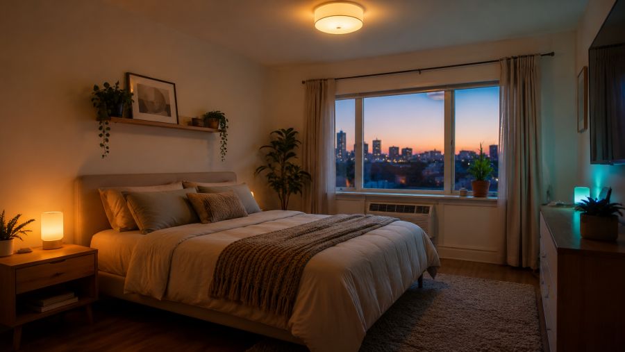 Small bedroom illuminated by color-changing smart bulbs creating a warm evening scene