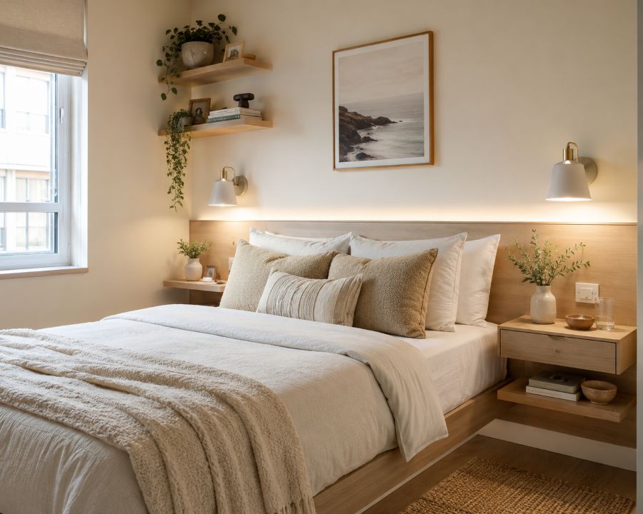 Modern minimalist tiny bedroom with floating shelf as bedside table