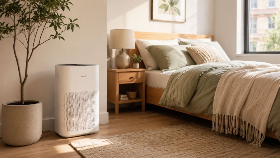 Compact air purifier in a small bright modern bedroom with neutral tones