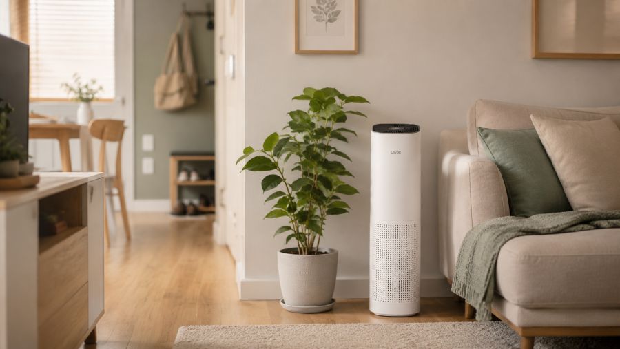 Slim tower air purifier placed beside a sofa in a small living room with a plant