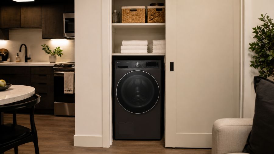 Slim ventless washer dryer combo unit installed inside an apartment closet with folded towels on a shelf above