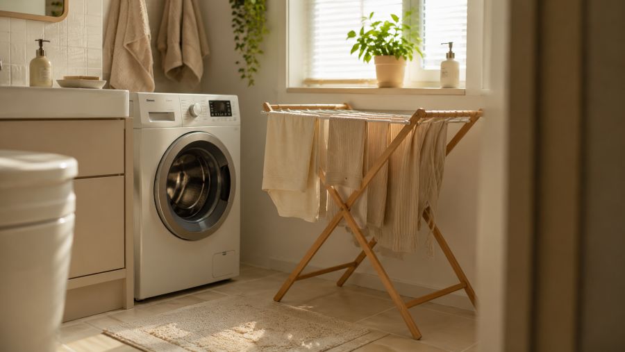 Cozy small apartment bathroom with a compact washing machine beside a wooden drying rack holding air-drying clothes