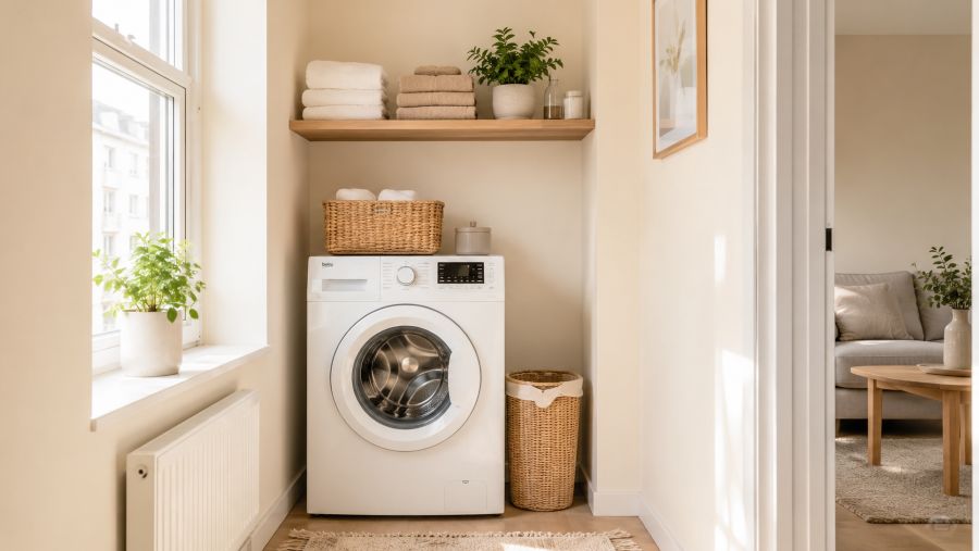 Compact white washing machine tucked into a bright apartment laundry nook with warm beige walls