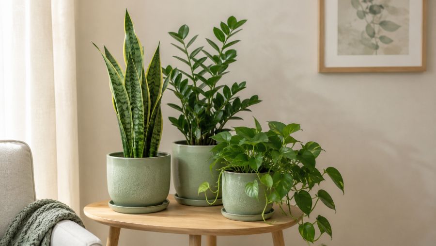 Snake plant, ZZ plant, and trailing pothos grouped on a small side table