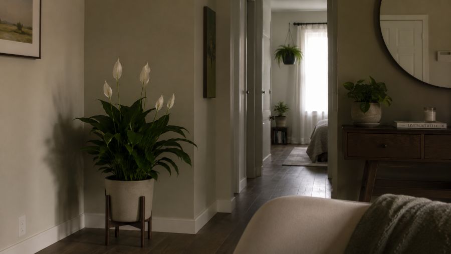 Peace lily thriving in a dim interior corner away from the window