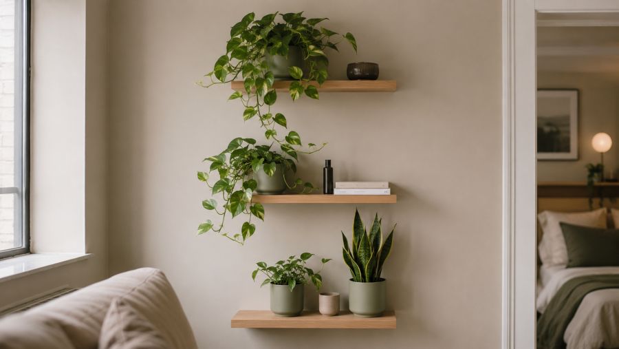Vertical arrangement of low-light plants on floating shelves in a small apartment