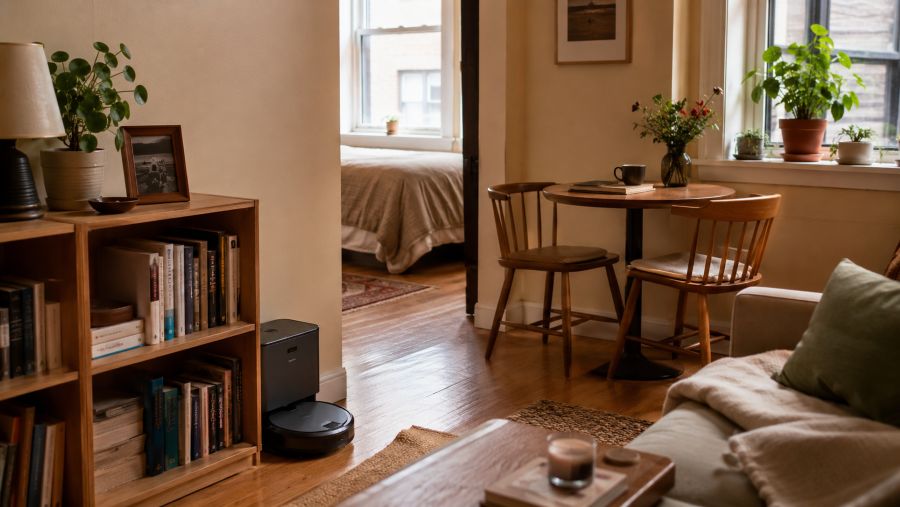 Compact robot vacuum docked discreetly in a small studio apartment