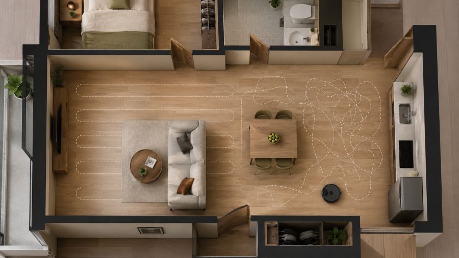 Top-down view comparing systematic and random robot vacuum cleaning paths