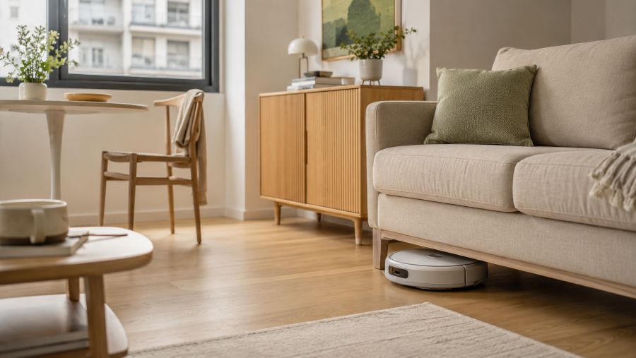 Slim robot vacuum cleaning under a low sofa in a bright small apartment