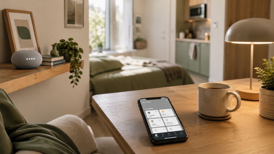 Small apartment living area with smart speaker, smart lighting, and a phone control app