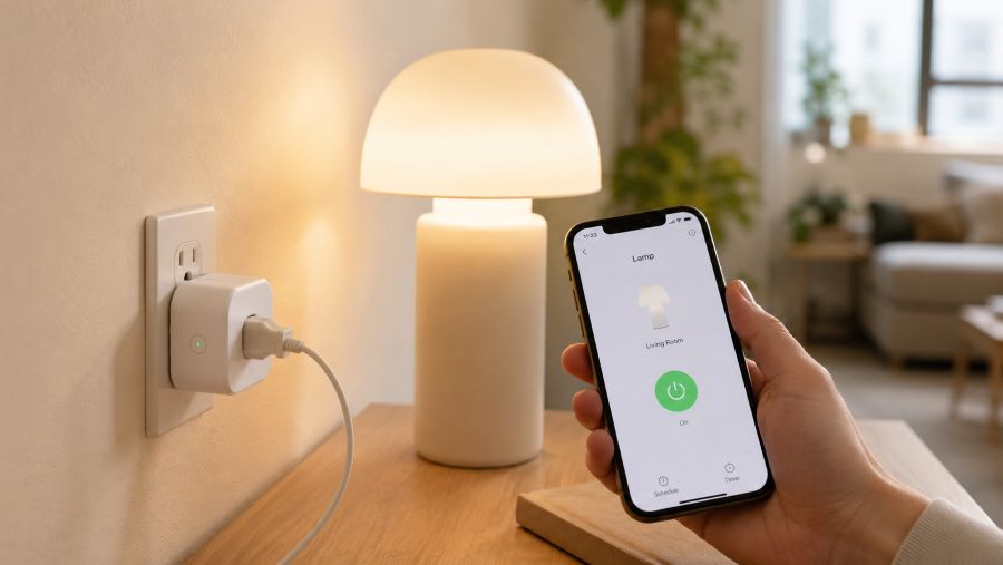 Smart plug in a wall outlet controlled by a smartphone app in a small apartment