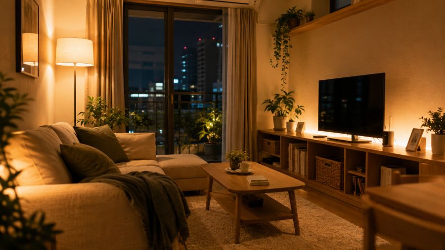 Small apartment living room with warm layered smart lighting in the evening
