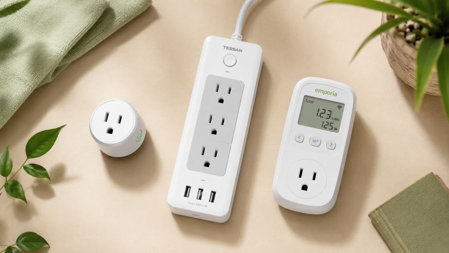 Three types of smart plugs for small apartments arranged on a beige surface