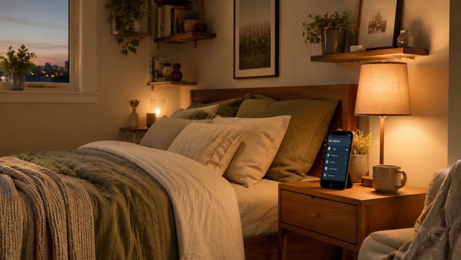 Bedside lamp controlled by a smart plug through a phone app in a small apartment bedroom