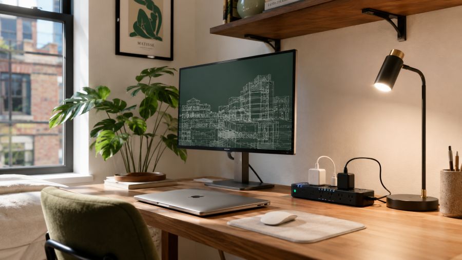 Smart power strip controlling a monitor, charger and lamp on a small apartment desk