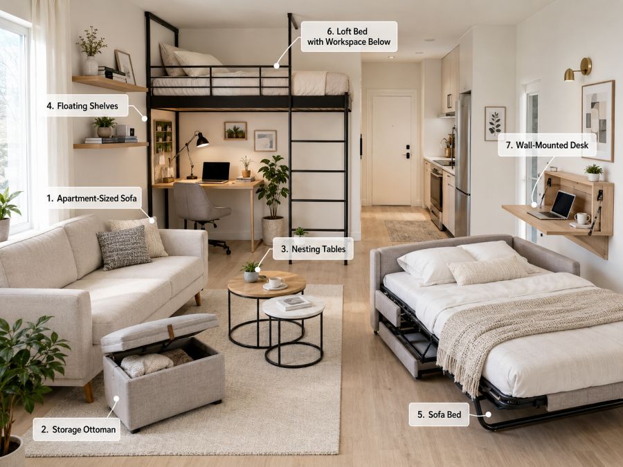 Collection of space-saving furniture pieces displayed in small apartment setting