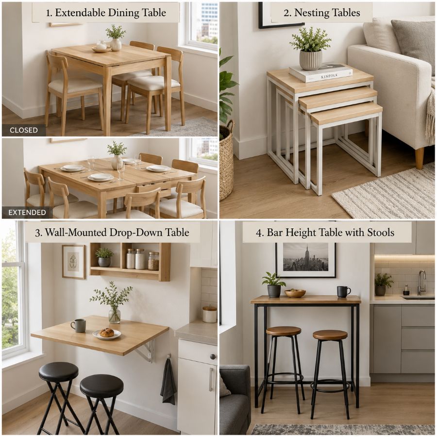 Various compact dining and table solutions for small apartments