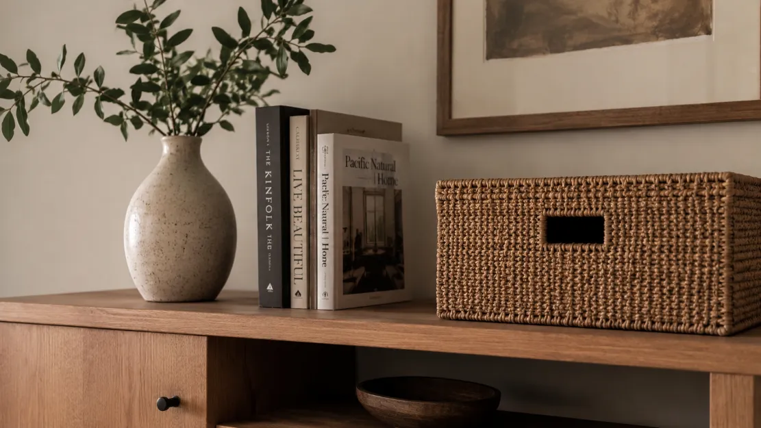 Simply styled calm shelf with a few books, a ceramic vase, and a woven basket hiding clutter