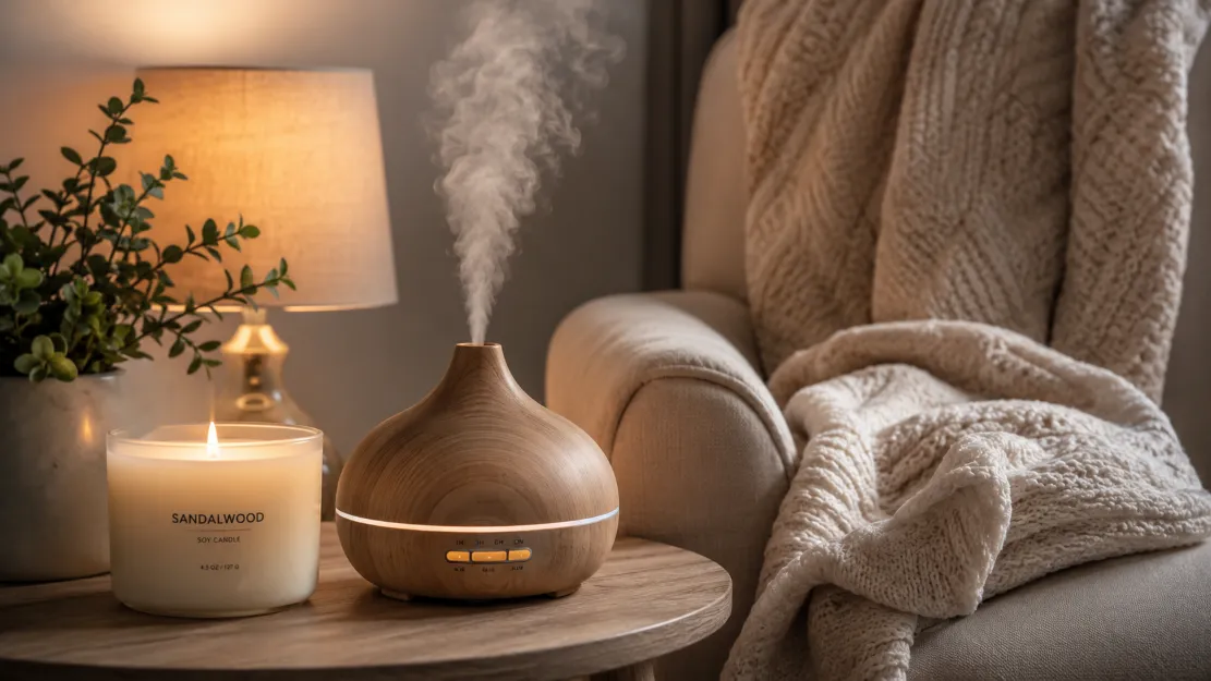 Calming corner with an essential oil diffuser, lit candle, knit throw, and small plant in warm light