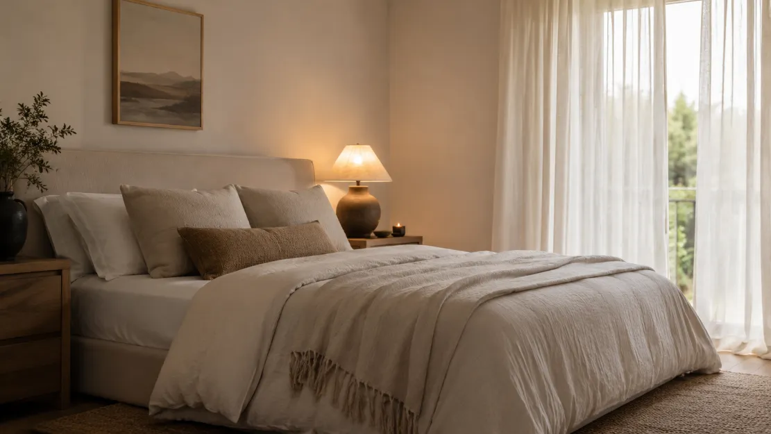 Peaceful bedroom with soft linen bedding, a leafy plant, warm bedside lamp, and sheer curtains