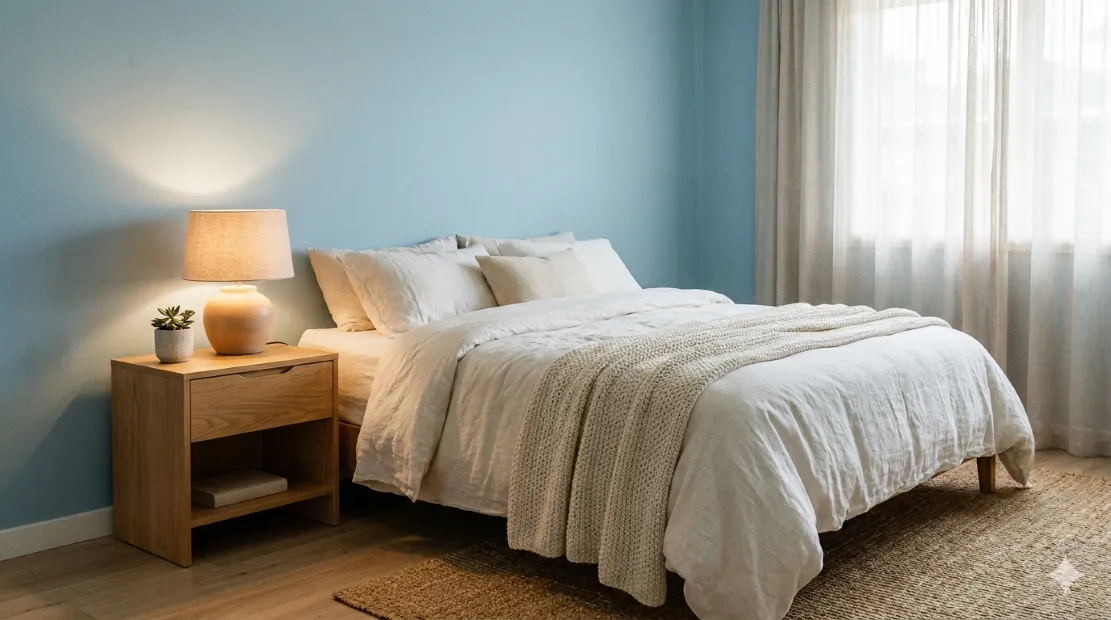 Restful bedroom with a muted sky-blue wall, white and cream linen bedding, light wood, and a warm lamp