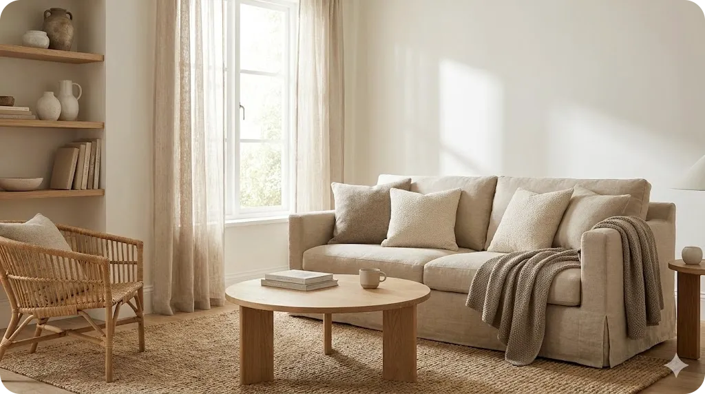Calm living space layering warm white, beige, oatmeal textiles, and natural wood and rattan