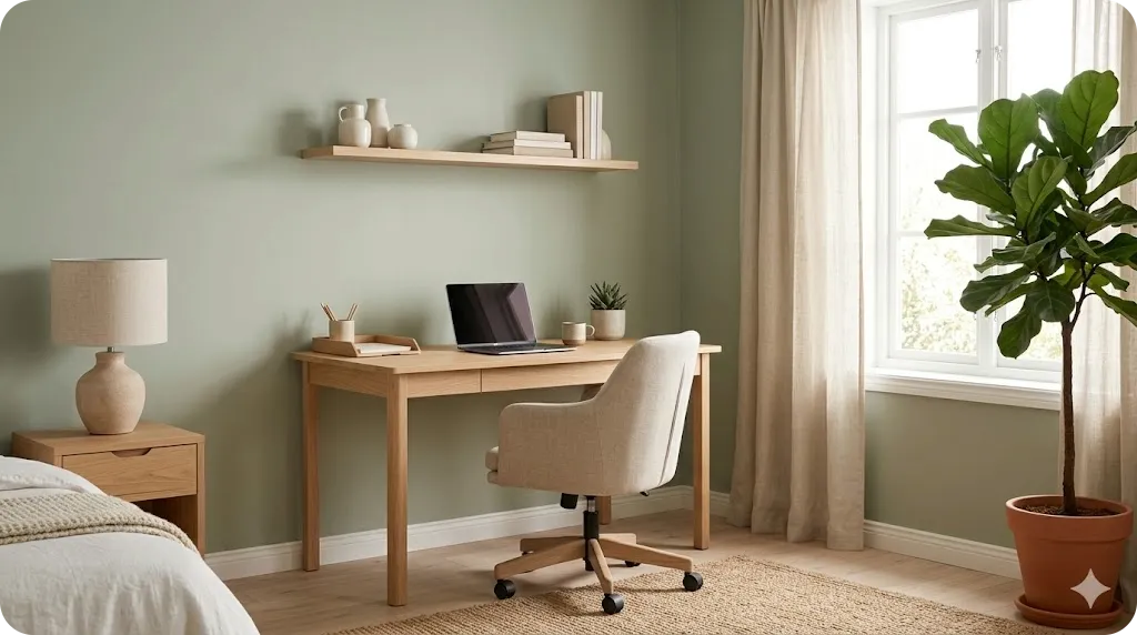 Calm home office in soft sage green with a wooden desk, comfortable chair, plant, and warm natural light