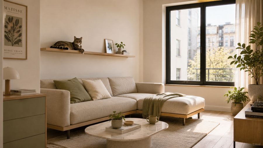 Cozy small apartment living room with a cat resting on a minimalist wall shelf