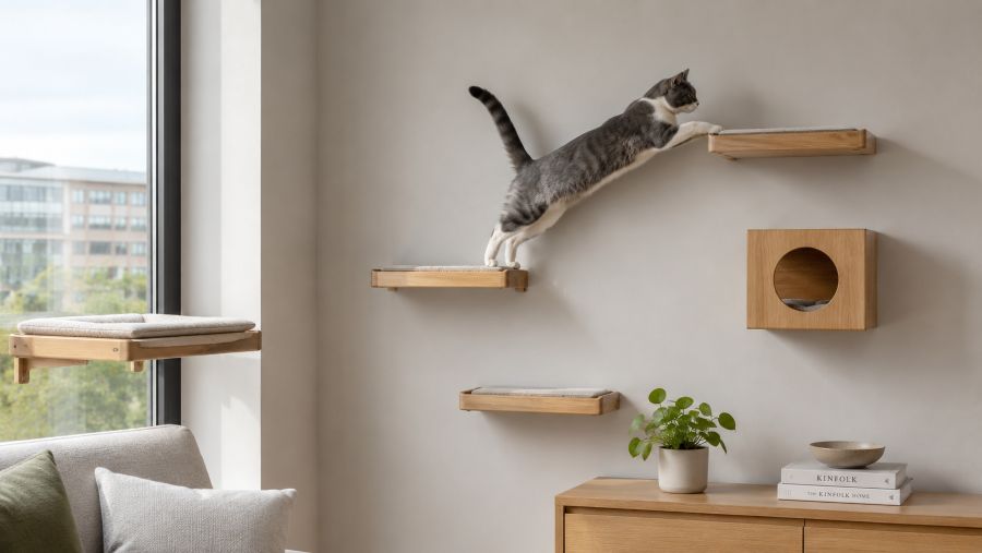 Wall-mounted vertical cat shelves and a window perch in a compact apartment